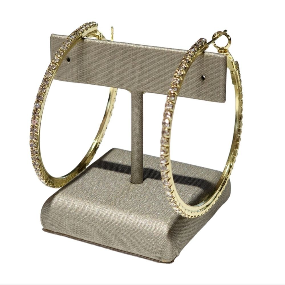 Bohemian‎ Style Gold Plated Round Pave Rhinestone Oversized Hoop Earrings 1.9in